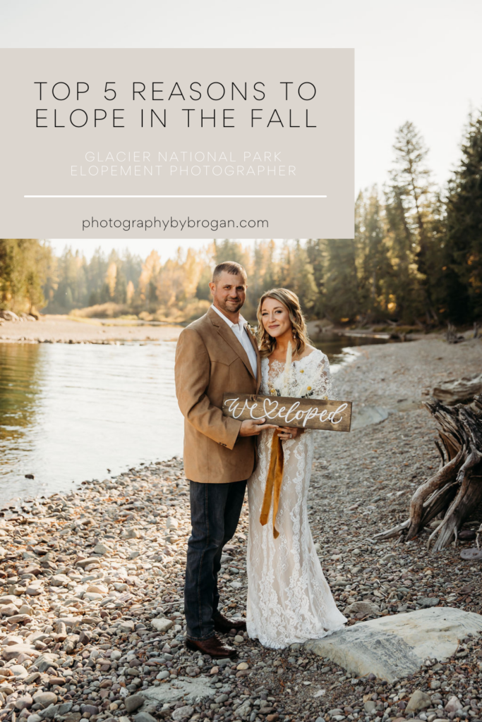 Bride and groom posing for fall elopement wedding portraits in Glacier National Park