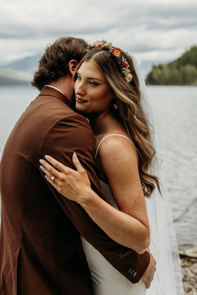 Bride and groom portraits from a fall wedding in Glacier National Park