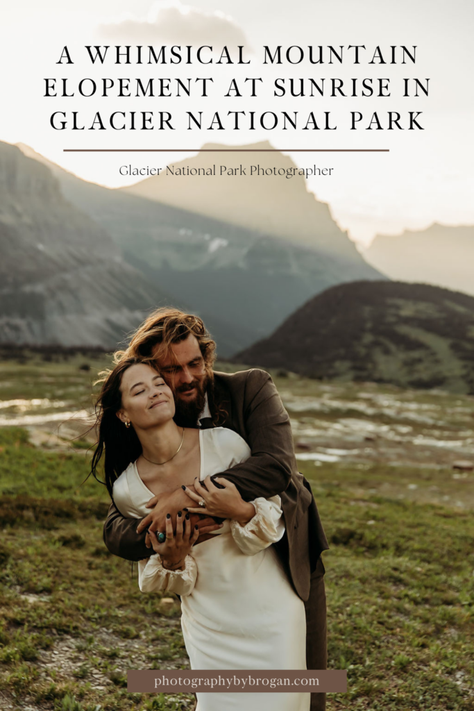 Bride and groom portraits from a whimsical mountain elopement at sunrise in Glacier National Park
