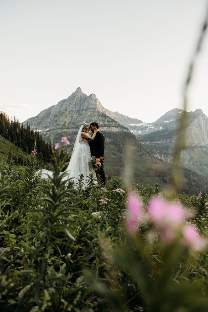 Bride and groom portraits from an elopement in the mountains of Glacier National Park 