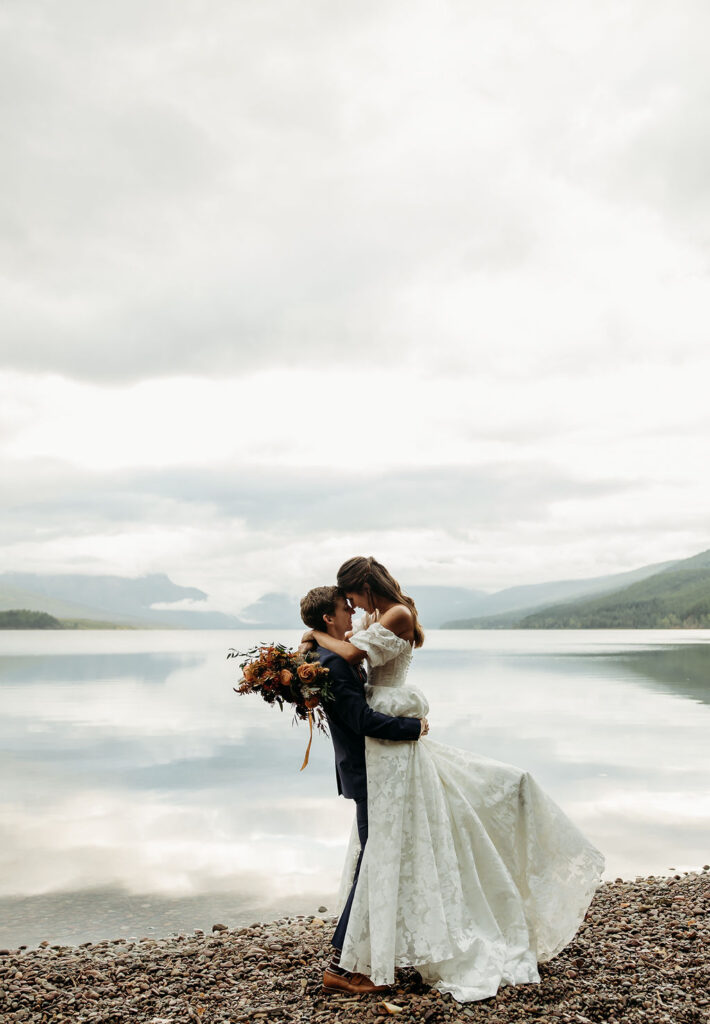 Bride and groom portraits from an elopement in the mountains of Glacier National Park 