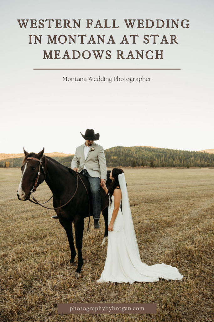 Bride and groom portraits with a horse from a western fall wedding in Montana at Star Meadows Ranch