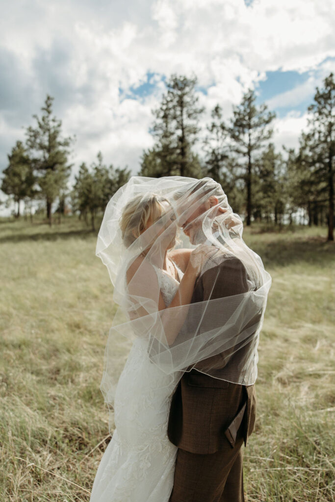 bride and groom posing for wedding portraits
