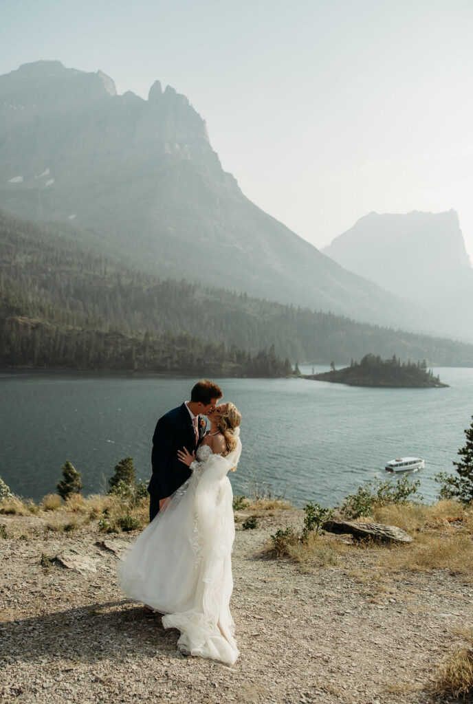 bride and groom taking elopement photos
