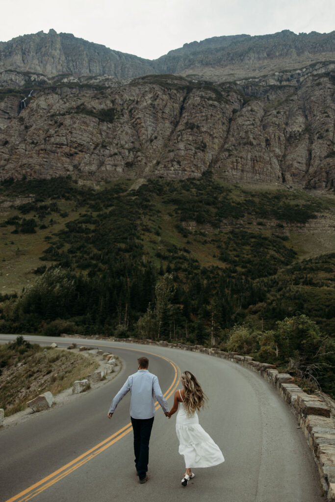 couple taking engagement pictures in montana