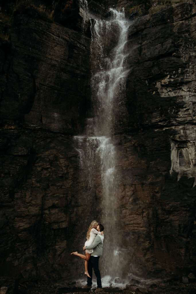 couple taking engagement pictures in montana