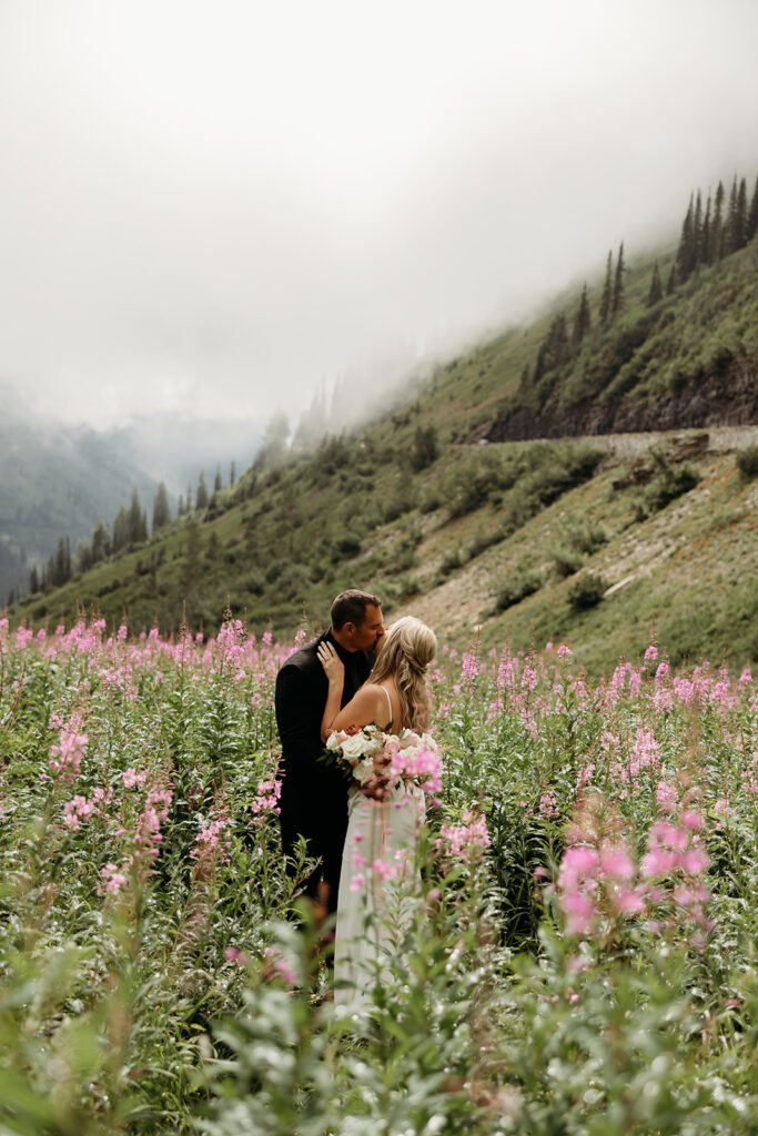 An outdoor wedding photoshoot setup in a scenic Montana meadow
