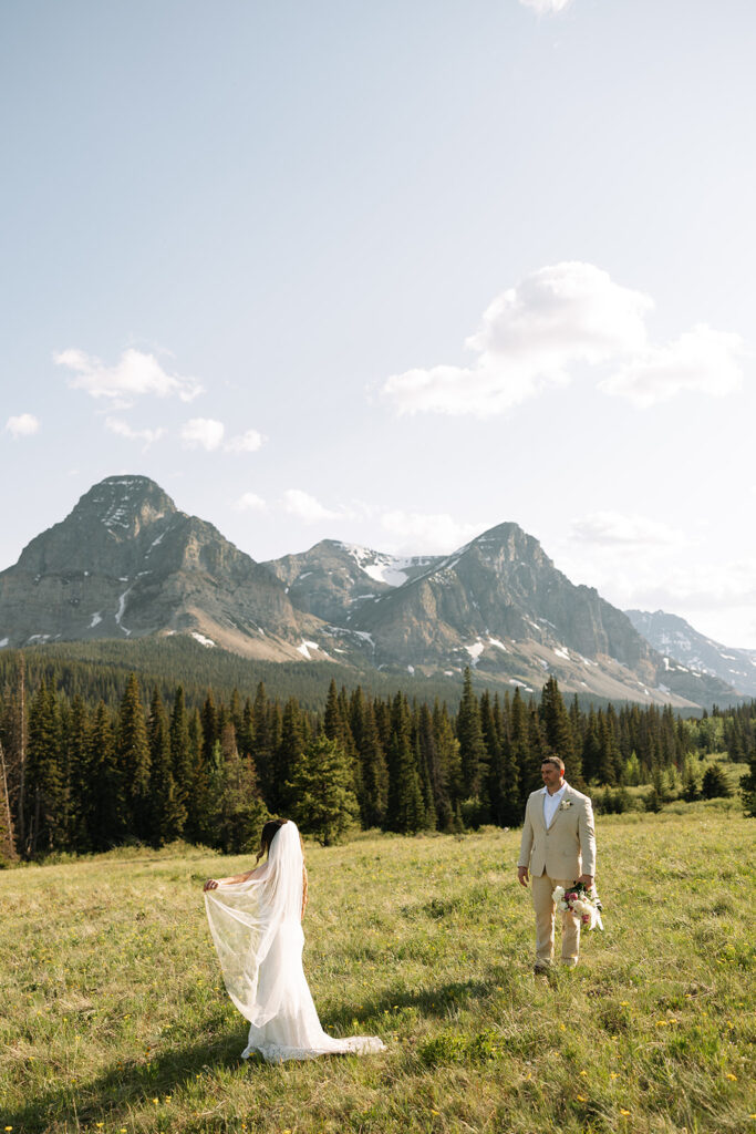 Bride and groom walking through a mountain meadow in Glacier National Park
