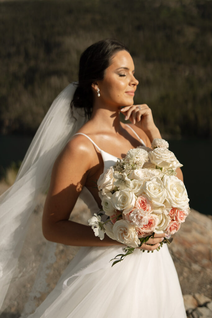 Bride and groom posing for romantic GNP elopement photos