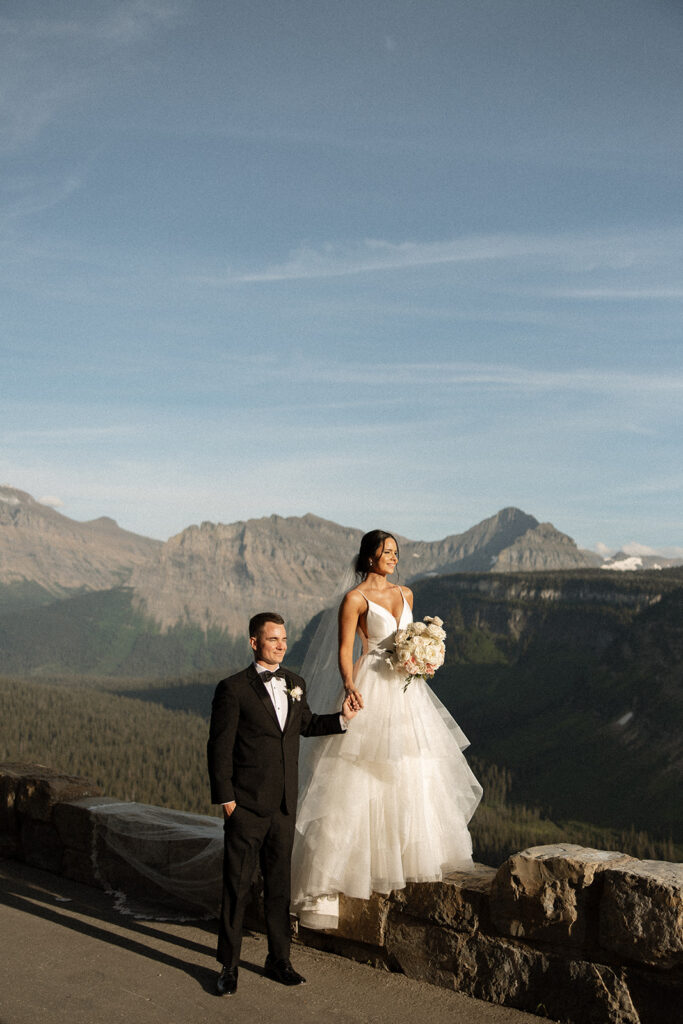 Bride and groom posing for romantic GNP elopement photos