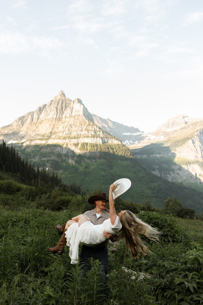 Playful engagement session with Olivia and Alex exploring the mountains at sunrise.
