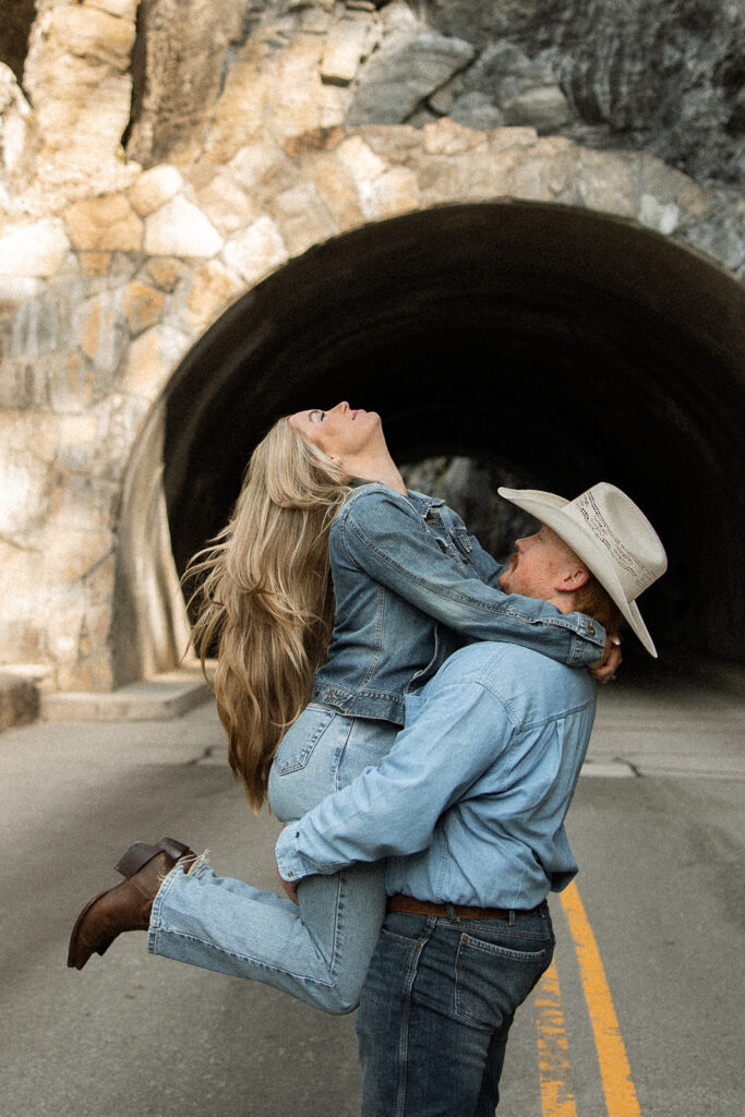 Playful engagement session with Olivia and Alex exploring the mountains at sunrise.

