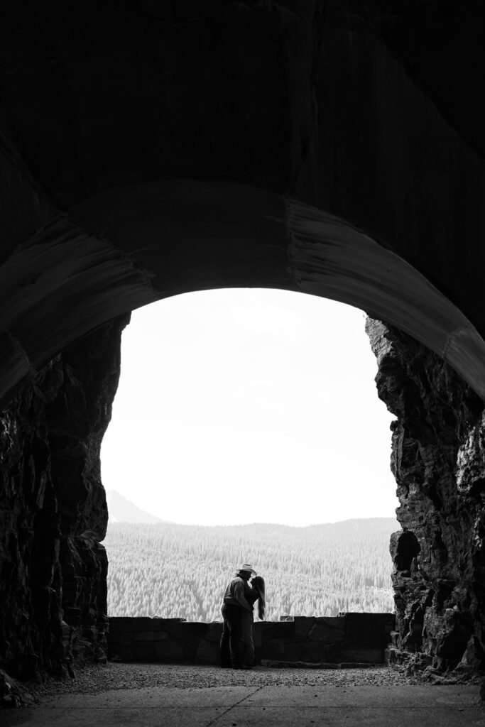 Playful engagement session with Olivia and Alex exploring the mountains at sunrise.
