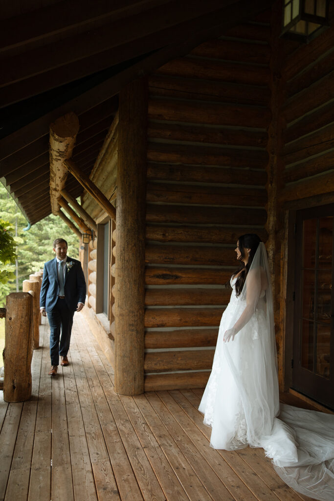 Bride and groom sharing a candid moment during their Montana wedding day