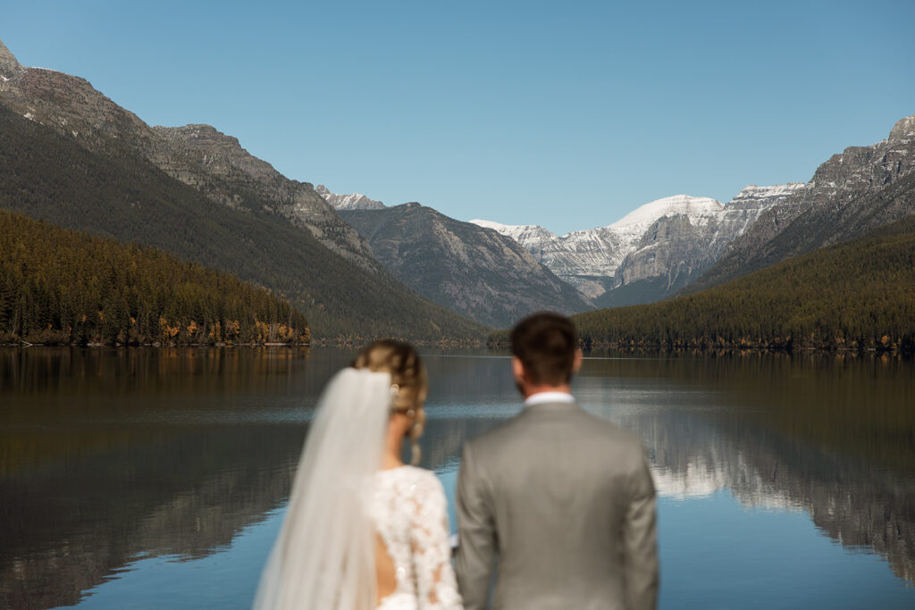 Scenic mountain reflection on Bowman Lake in Glacier National Park, Montana
