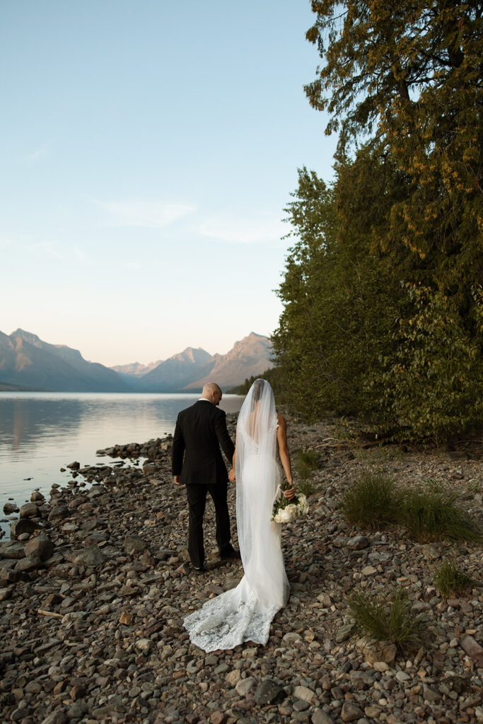 Scenic Glacier National Park elopement location with alpine peaks and soft light, photographed by a Montana photographer.
