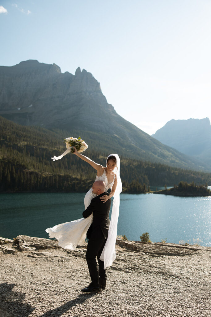 Scenic Glacier National Park elopement location with alpine peaks and soft light, photographed by a Montana photographer.
