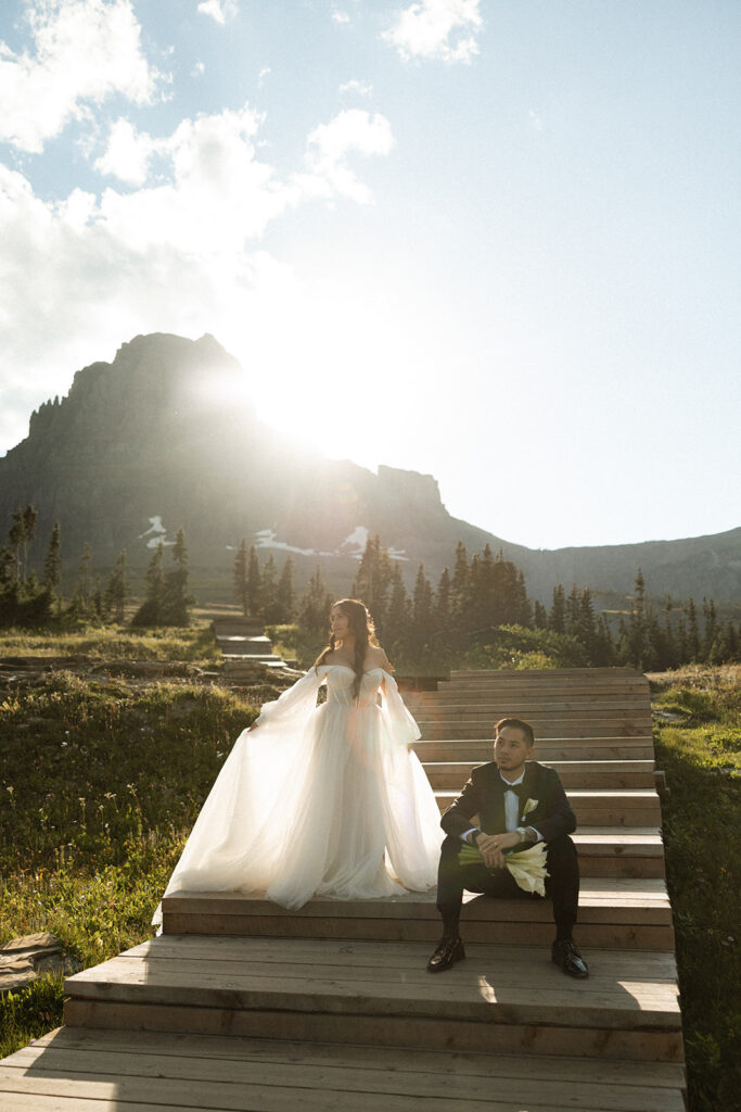 Bride and groom walking together after a sunrise elopement ceremony