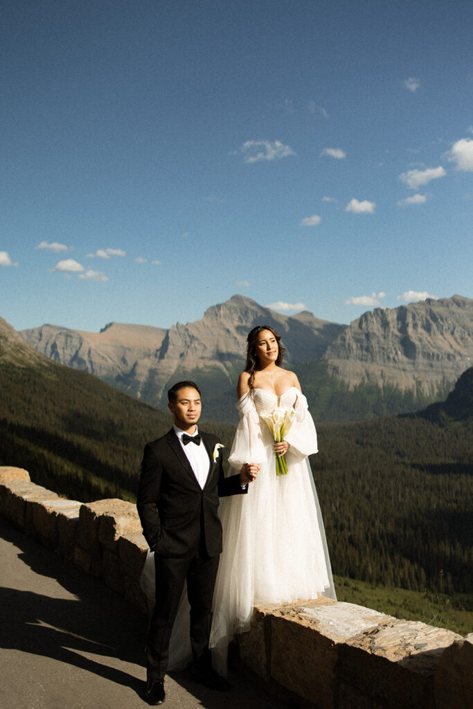 Bride and groom walking together after a sunrise elopement ceremony
