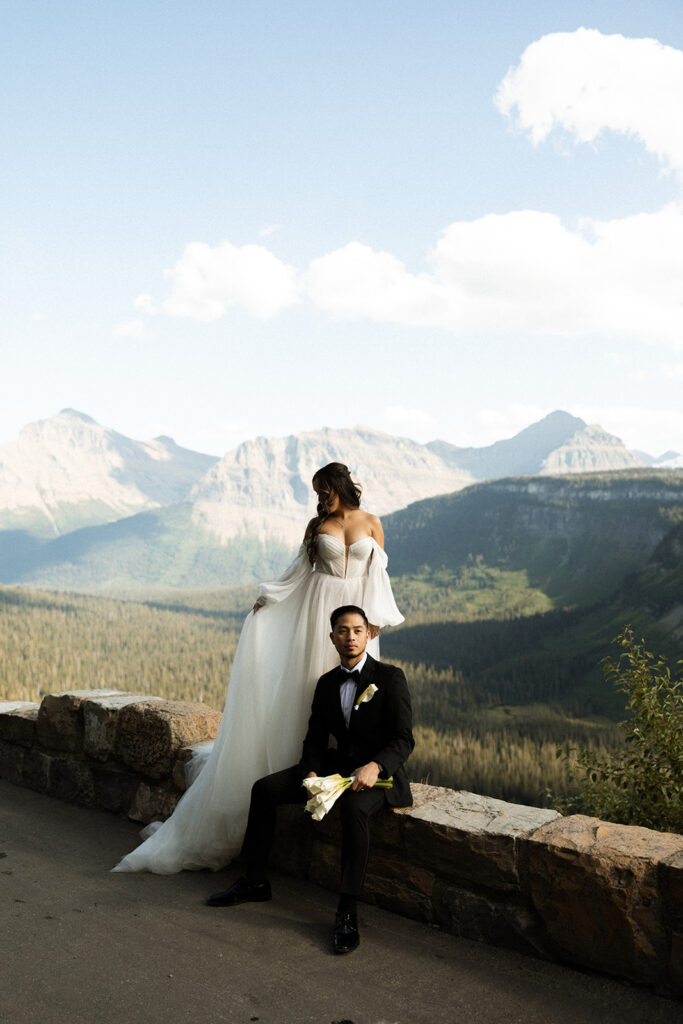 Romantic sunrise elopement ceremony with mountain views and soft morning light