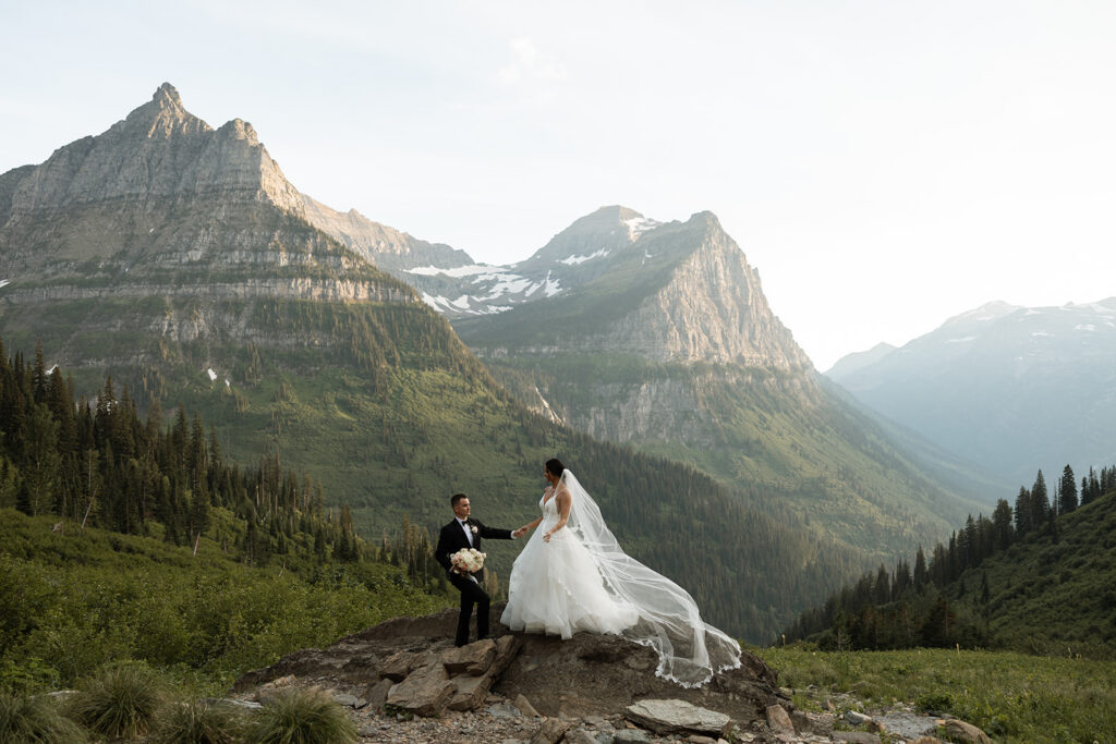 Sun Point Elopement in Glacier National Park with mountain views

